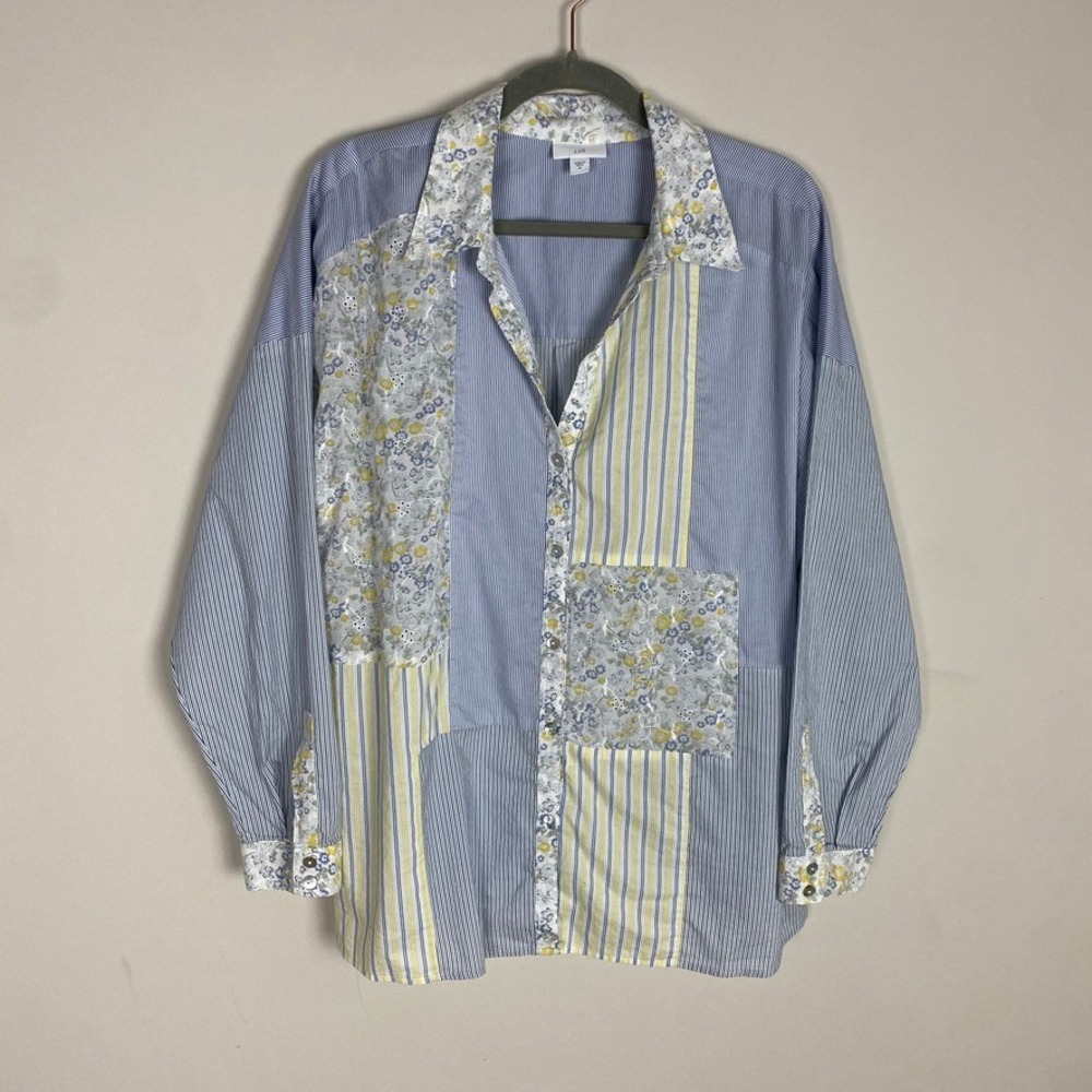 J Jill Patchwork Button Down Shirt Womens XL Floral Eyelet Striped Coastal Chic